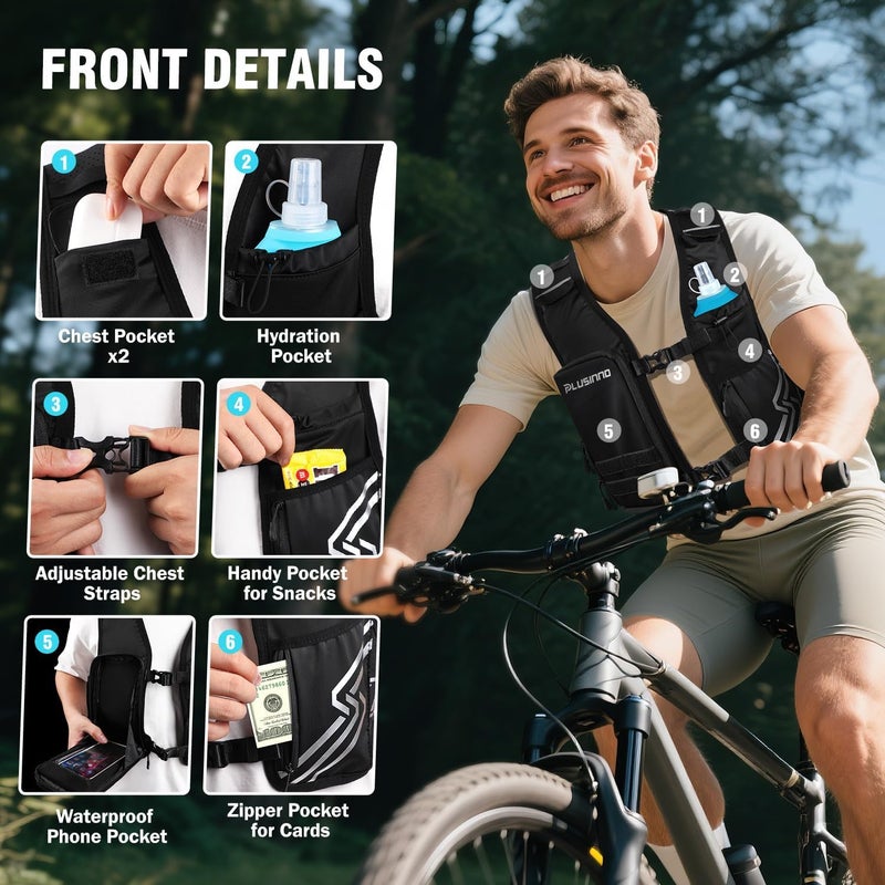 PLUSINNO Running Vest for Women Men, Running Hydration Vest with 500ml Soft Flask & Touch-Screen Phone Pocket, Reflective Lightweight Hydration Backpack for Hiking with Adjustable Chest Waist Straps - Image 2